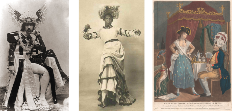 Photograph of a male-presenting person with moustache sat on a chair with hand resting on face. They are wearing an elaborate headdress with