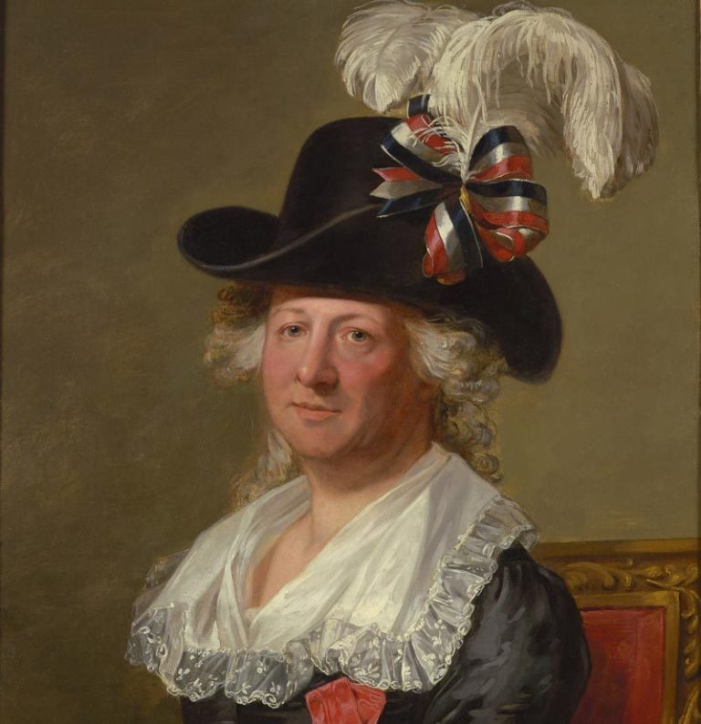 18th Century painting depicting the Chevalier d'Eon. A gender non-conforming person looks out, wearing a hat with a large plume and colourfu