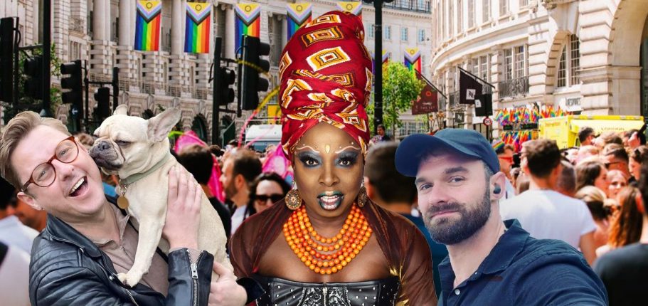 Two cisgender men and a drag queen in the foreground. Background is a street bedecked with progress pride flags